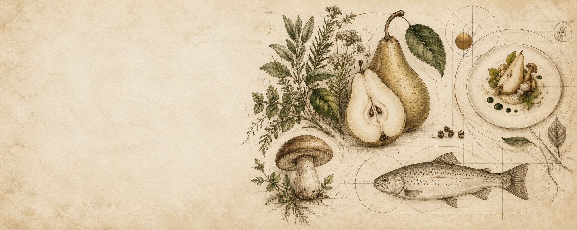 Illustration von Zutaten und Küchenskizzen